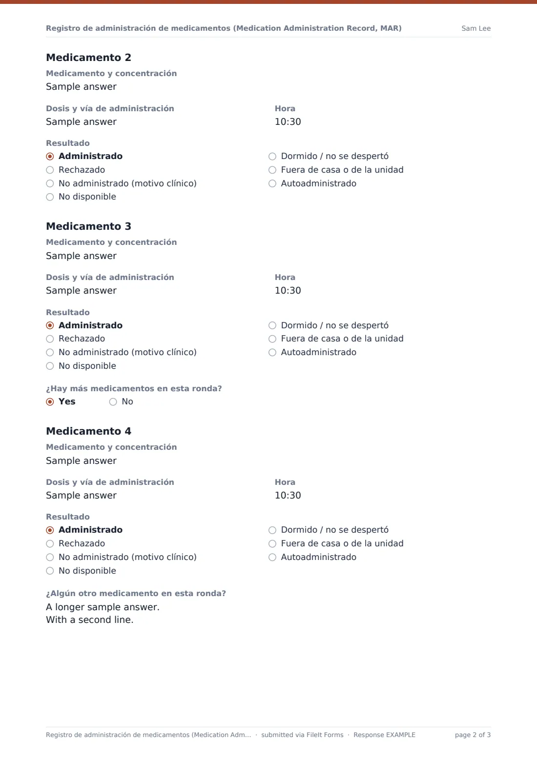 Registro de administración de medicamentos (Medication Administration Record, MAR) — PDF de respuesta de ejemplo, página 2 de 3