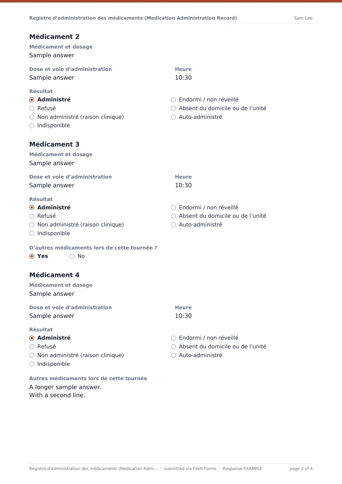 Registre d’administration des médicaments (Medication Administration Record) — exemple de réponse au format PDF, page 2 sur 4