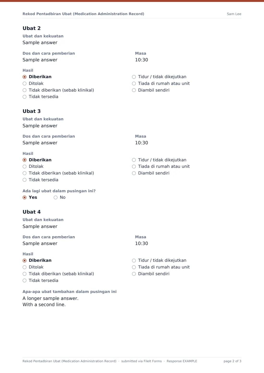 Rekod Pentadbiran Ubat (Medication Administration Record) — PDF respons contoh, halaman 2 daripada 3