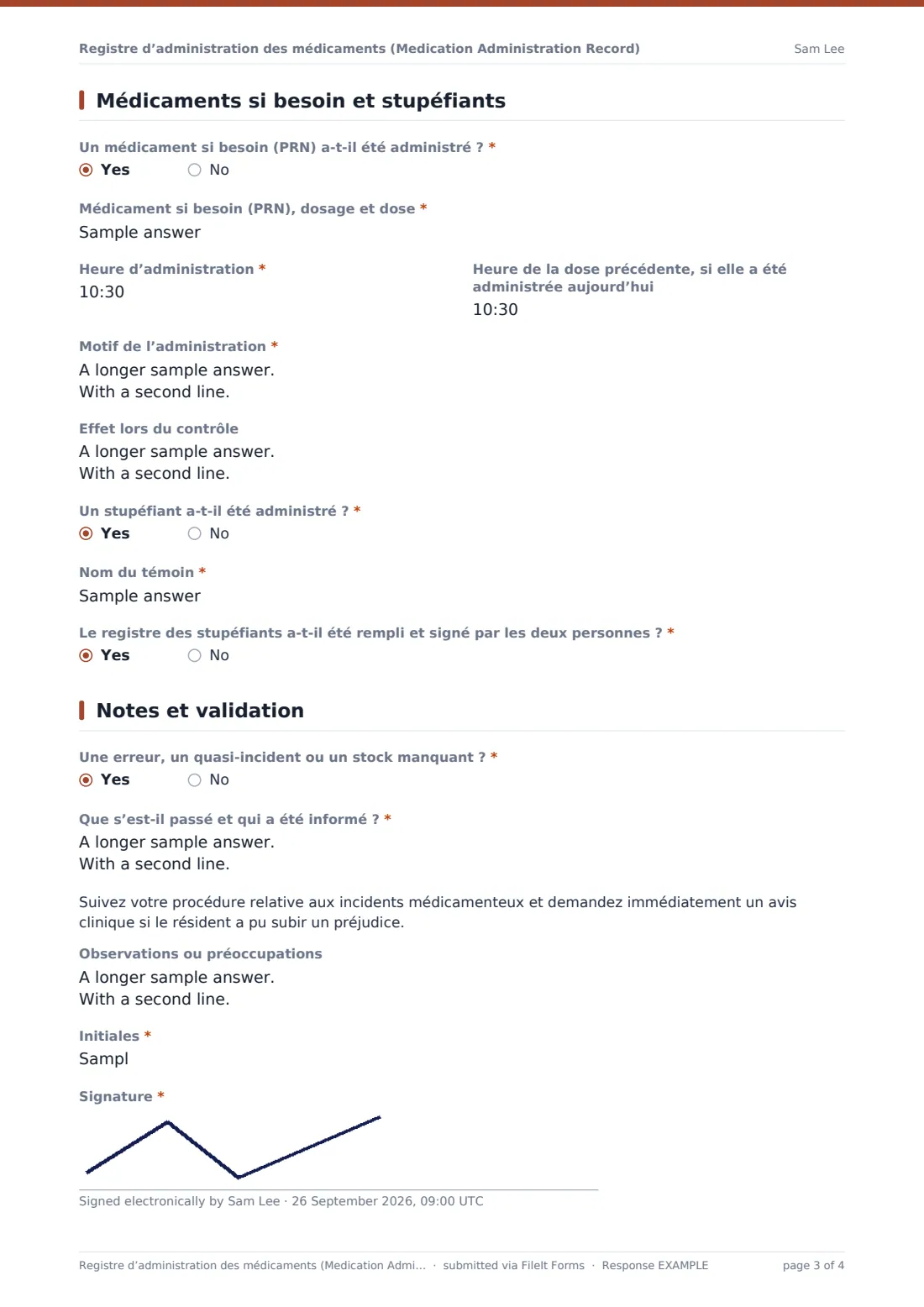 Registre d’administration des médicaments (Medication Administration Record) — exemple de réponse au format PDF, page 3 sur 4