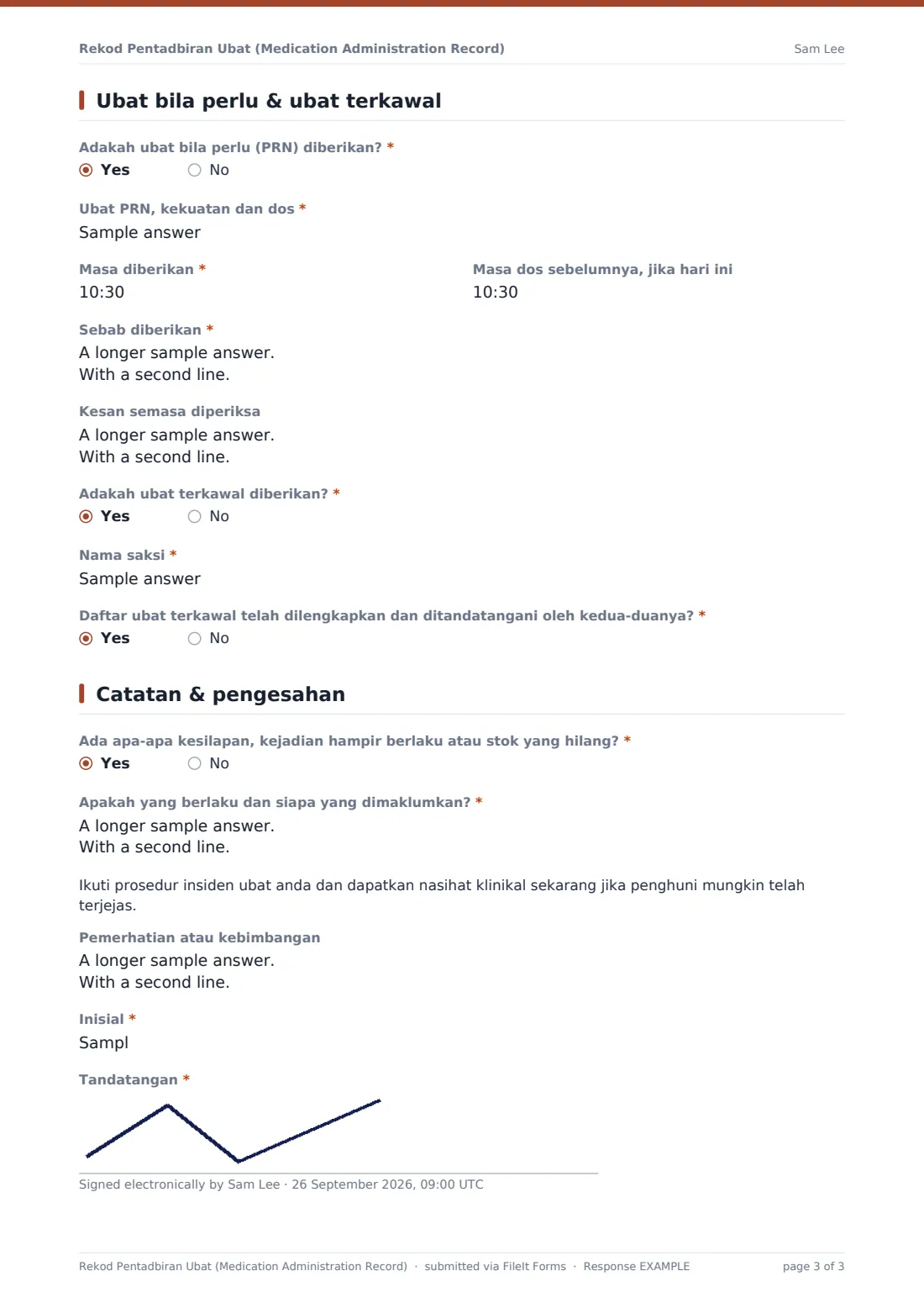 Rekod Pentadbiran Ubat (Medication Administration Record) — PDF respons contoh, halaman 3 daripada 3