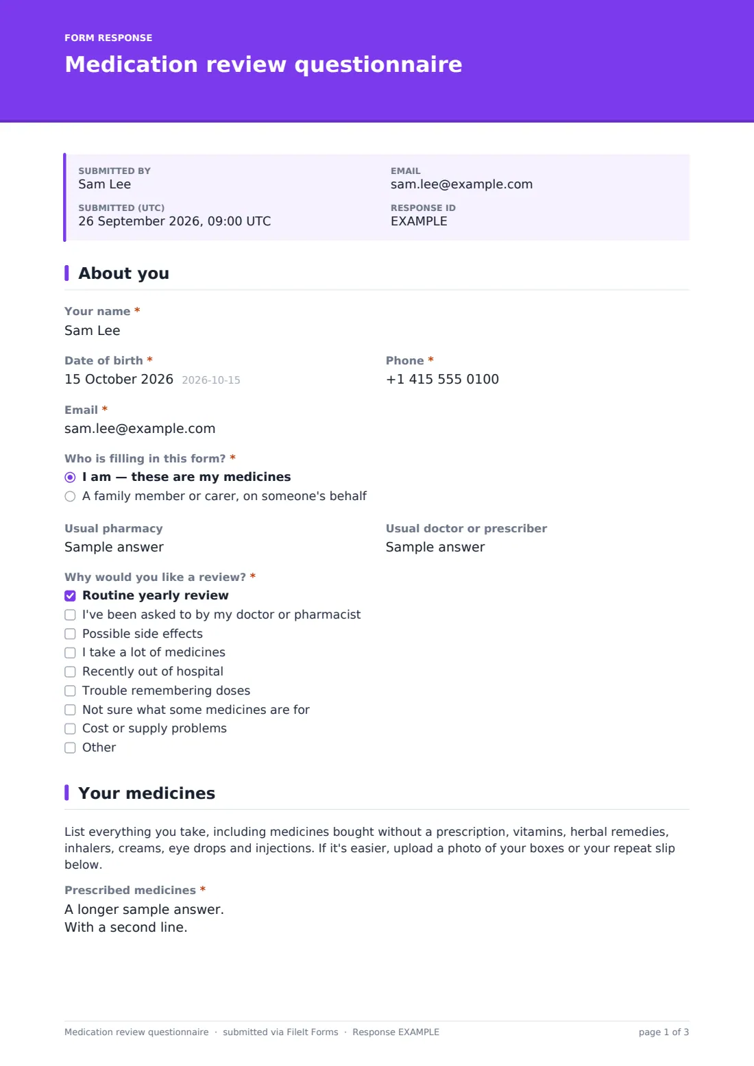 Medication review questionnaire — example response PDF, page 1 of 3