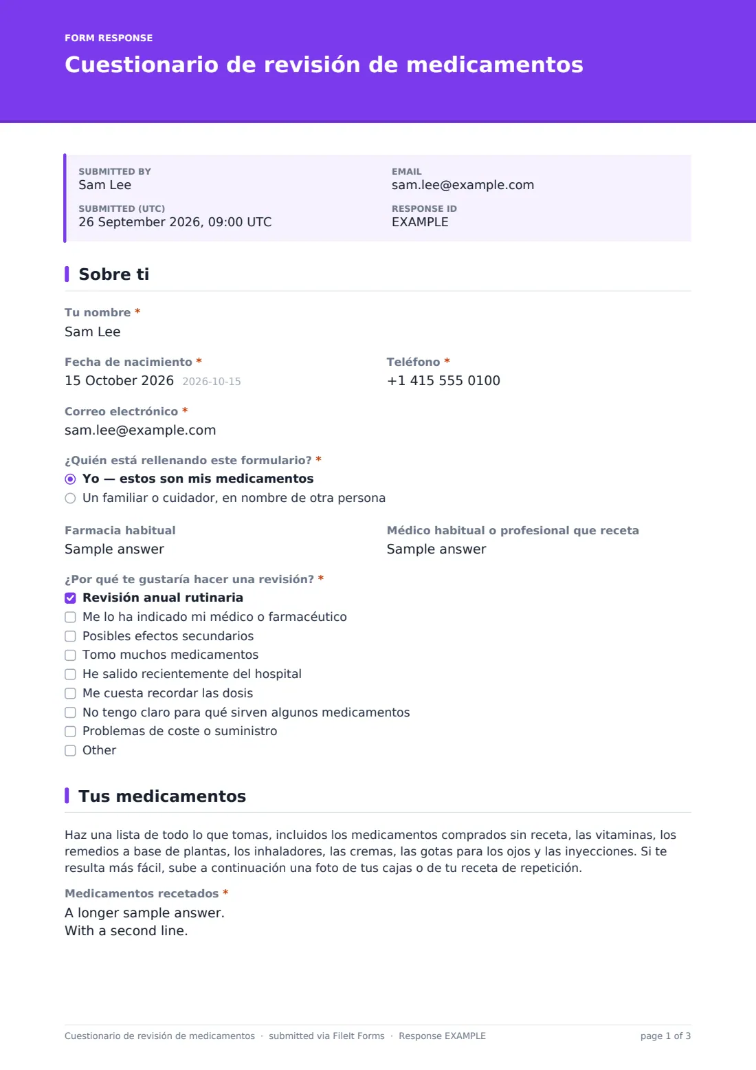 Cuestionario de revisión de medicamentos — PDF de respuesta de ejemplo, página 1 de 3