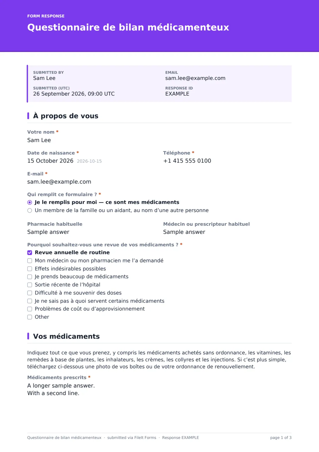 Questionnaire de bilan médicamenteux — exemple de réponse au format PDF, page 1 sur 3