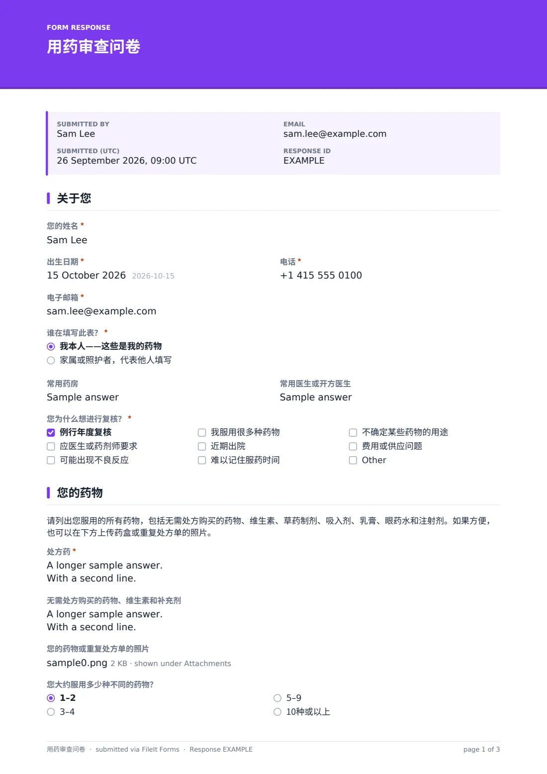 用药审查问卷 — 示例回复 PDF，第 1 页，共 3 页