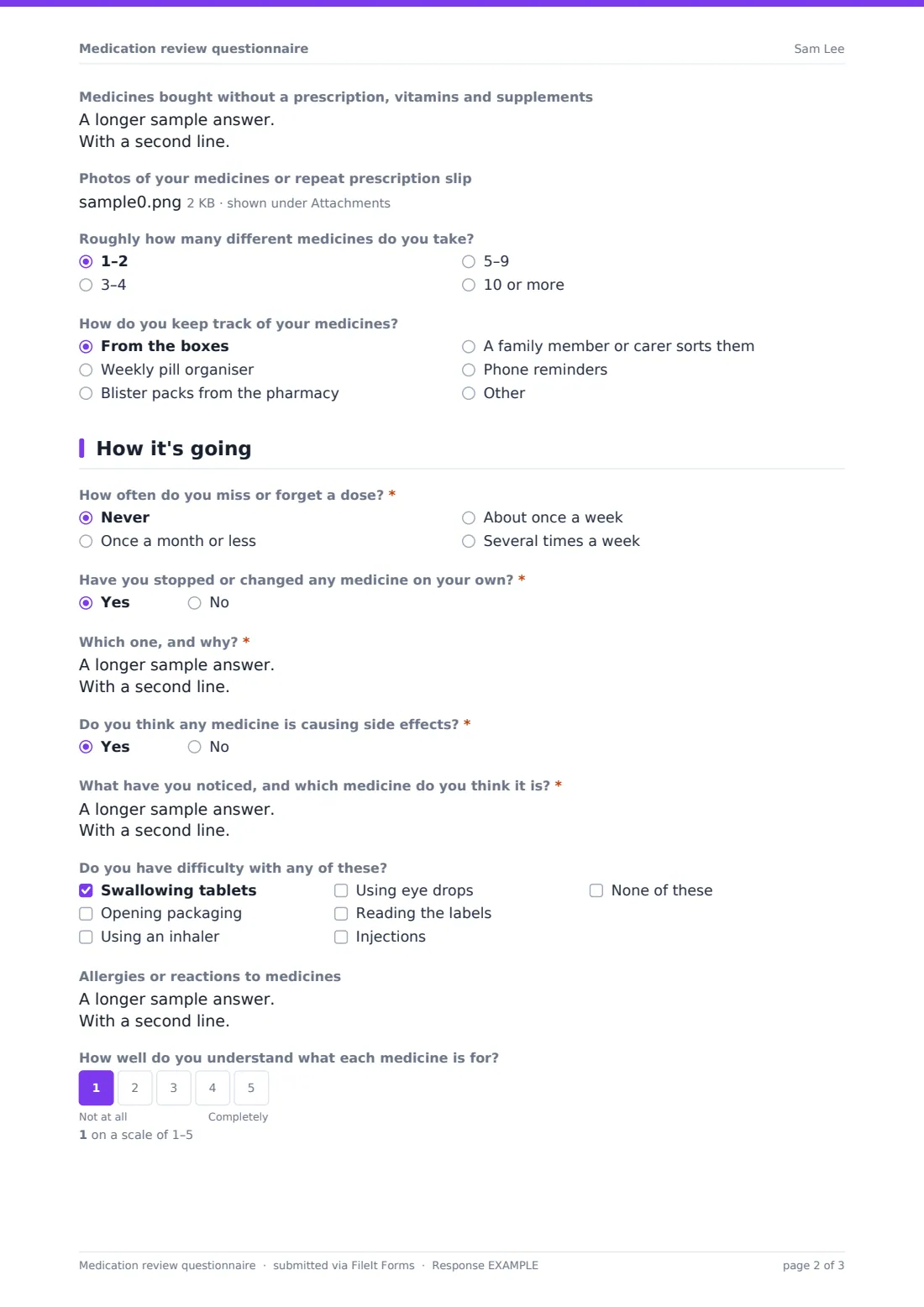 Medication review questionnaire — example response PDF, page 2 of 3