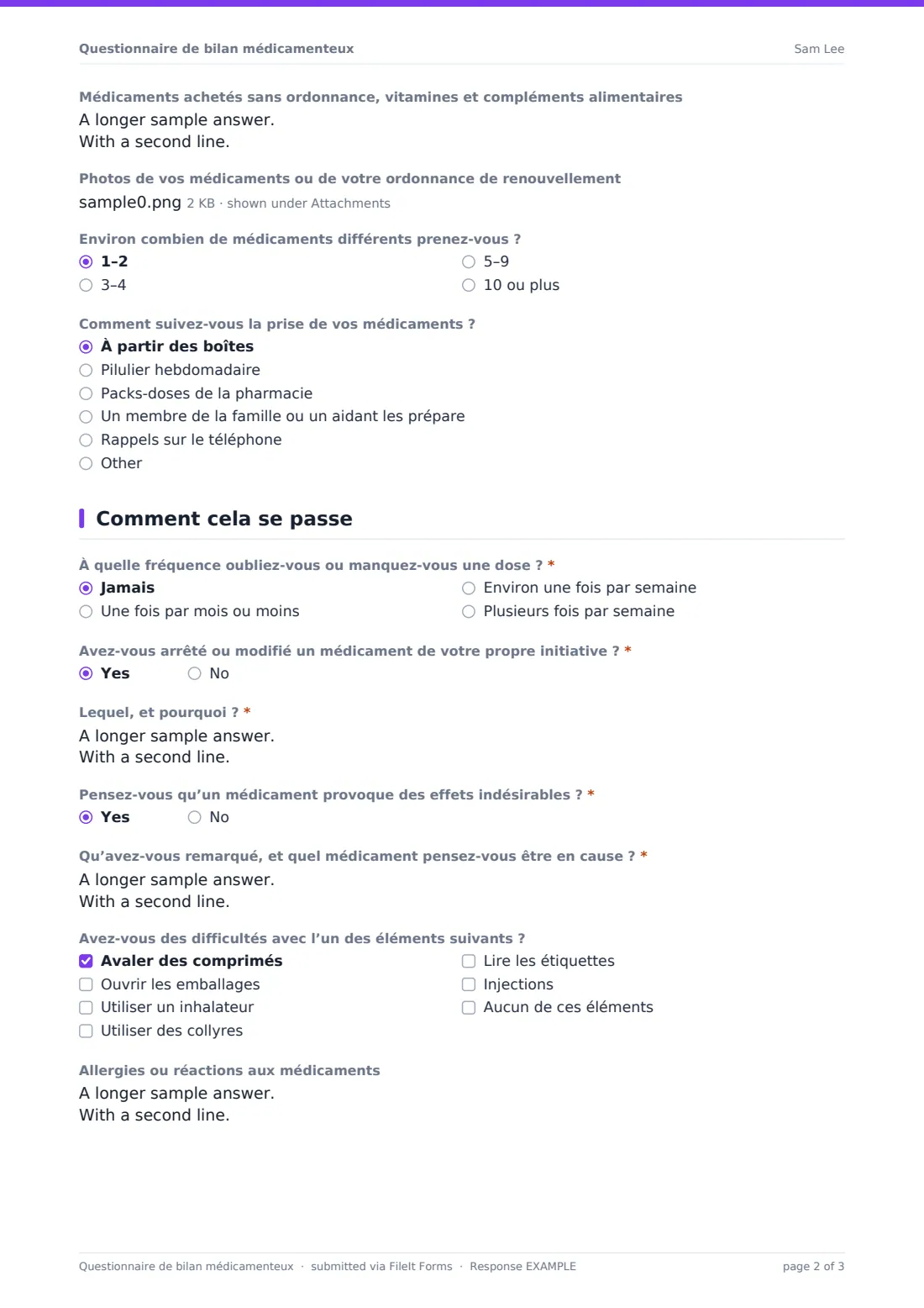 Questionnaire de bilan médicamenteux — exemple de réponse au format PDF, page 2 sur 3