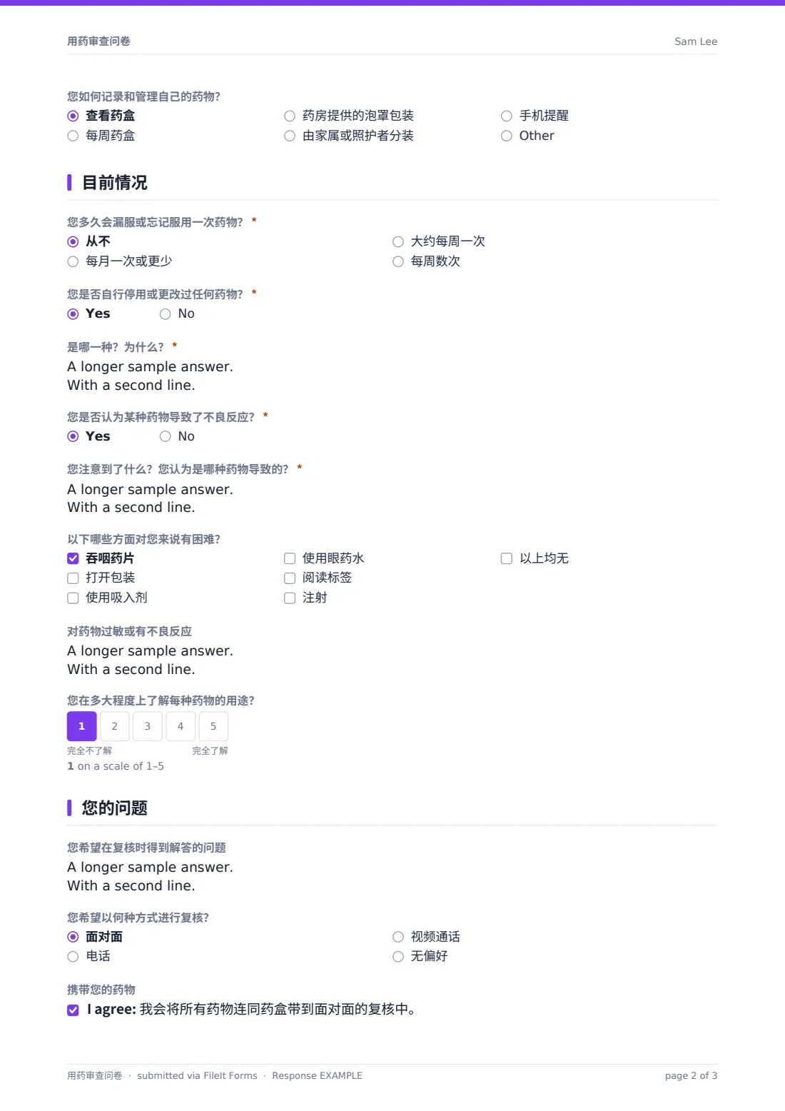 用药审查问卷 — 示例回复 PDF，第 2 页，共 3 页