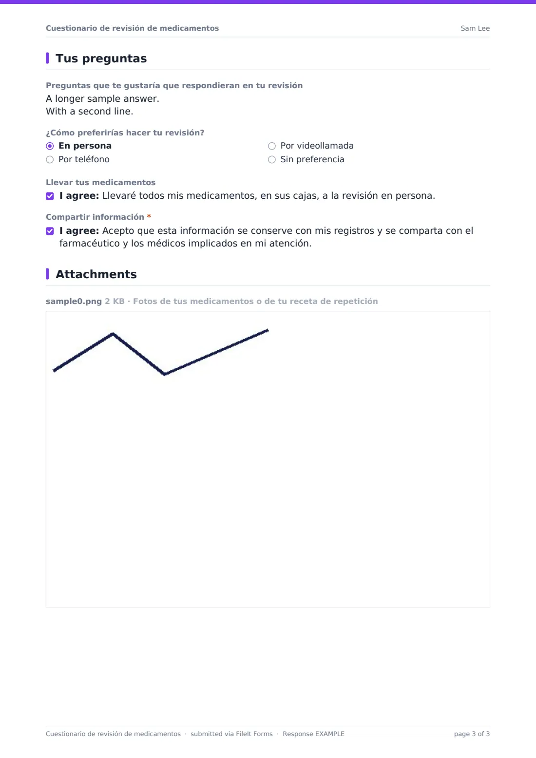 Cuestionario de revisión de medicamentos — PDF de respuesta de ejemplo, página 3 de 3