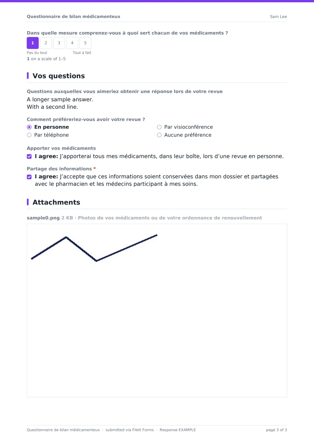 Questionnaire de bilan médicamenteux — exemple de réponse au format PDF, page 3 sur 3