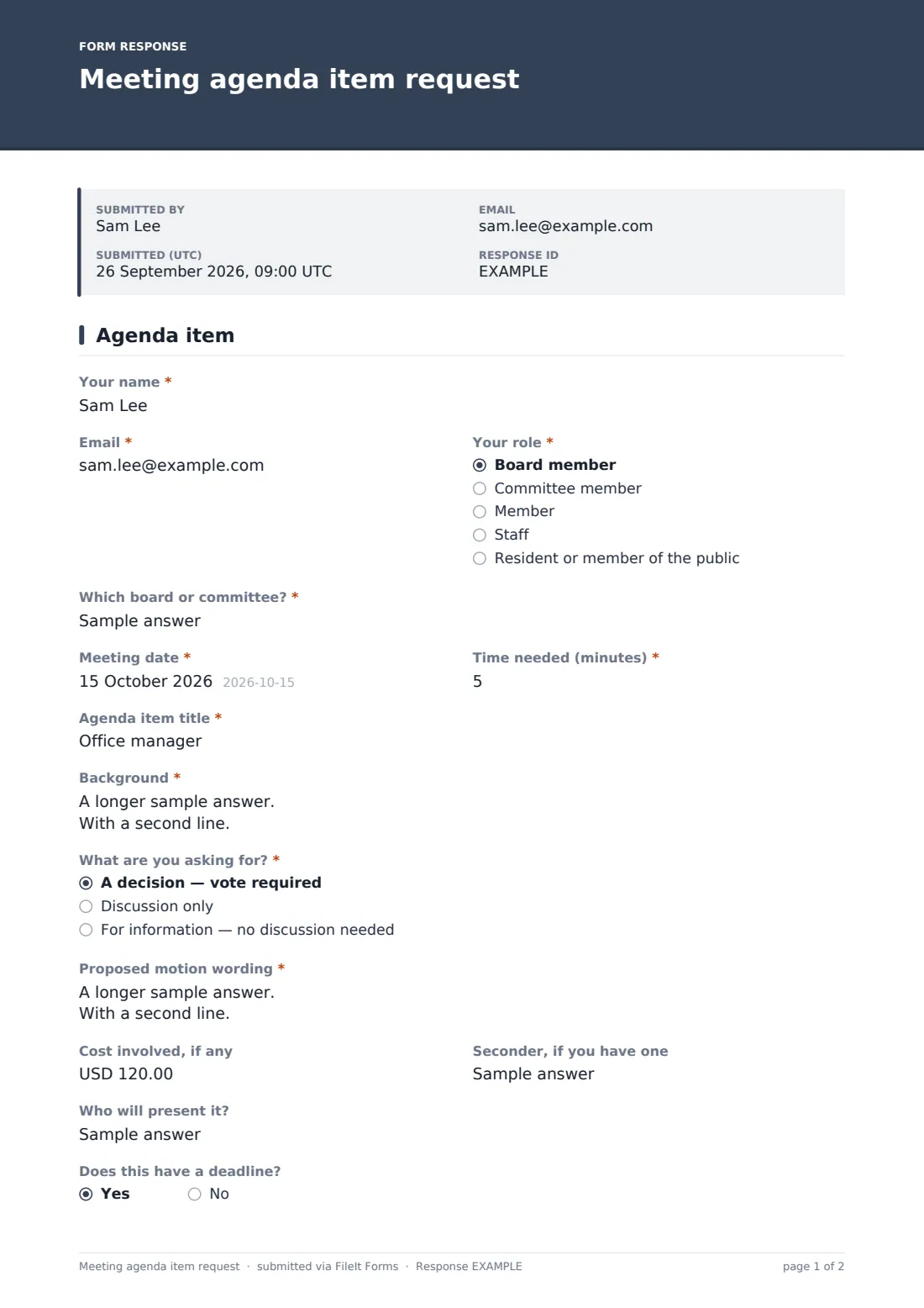 Meeting agenda item request — example response PDF, page 1 of 2