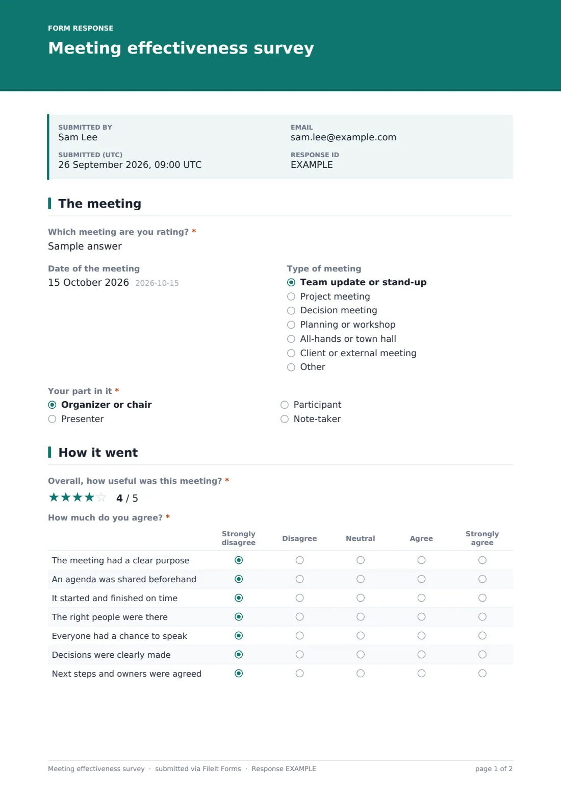 Meeting effectiveness survey — example response PDF, page 1 of 2