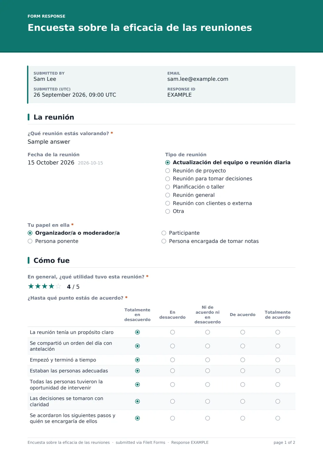 Encuesta sobre la eficacia de las reuniones — PDF de respuesta de ejemplo, página 1 de 2