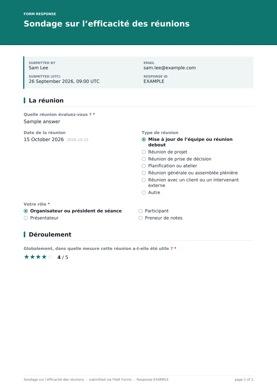 Sondage sur l’efficacité des réunions — exemple de réponse au format PDF, page 1 sur 2