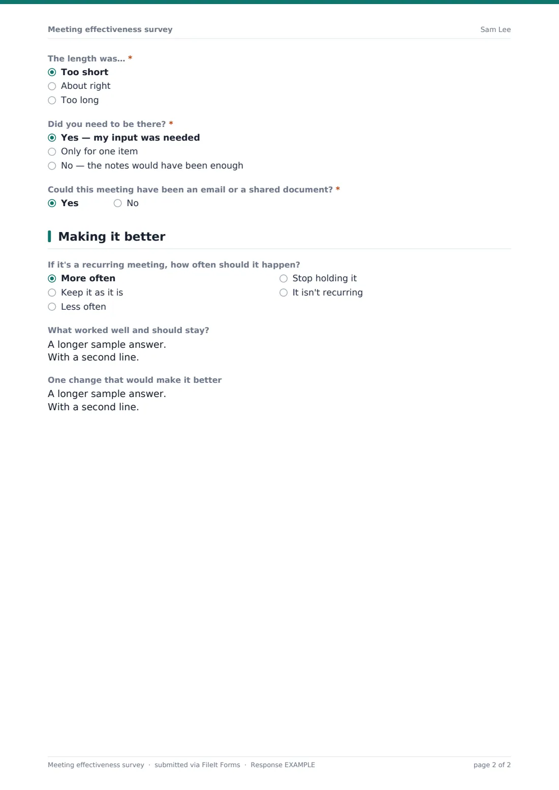 Meeting effectiveness survey — example response PDF, page 2 of 2