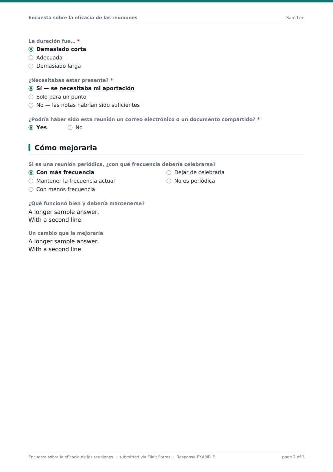 Encuesta sobre la eficacia de las reuniones — PDF de respuesta de ejemplo, página 2 de 2