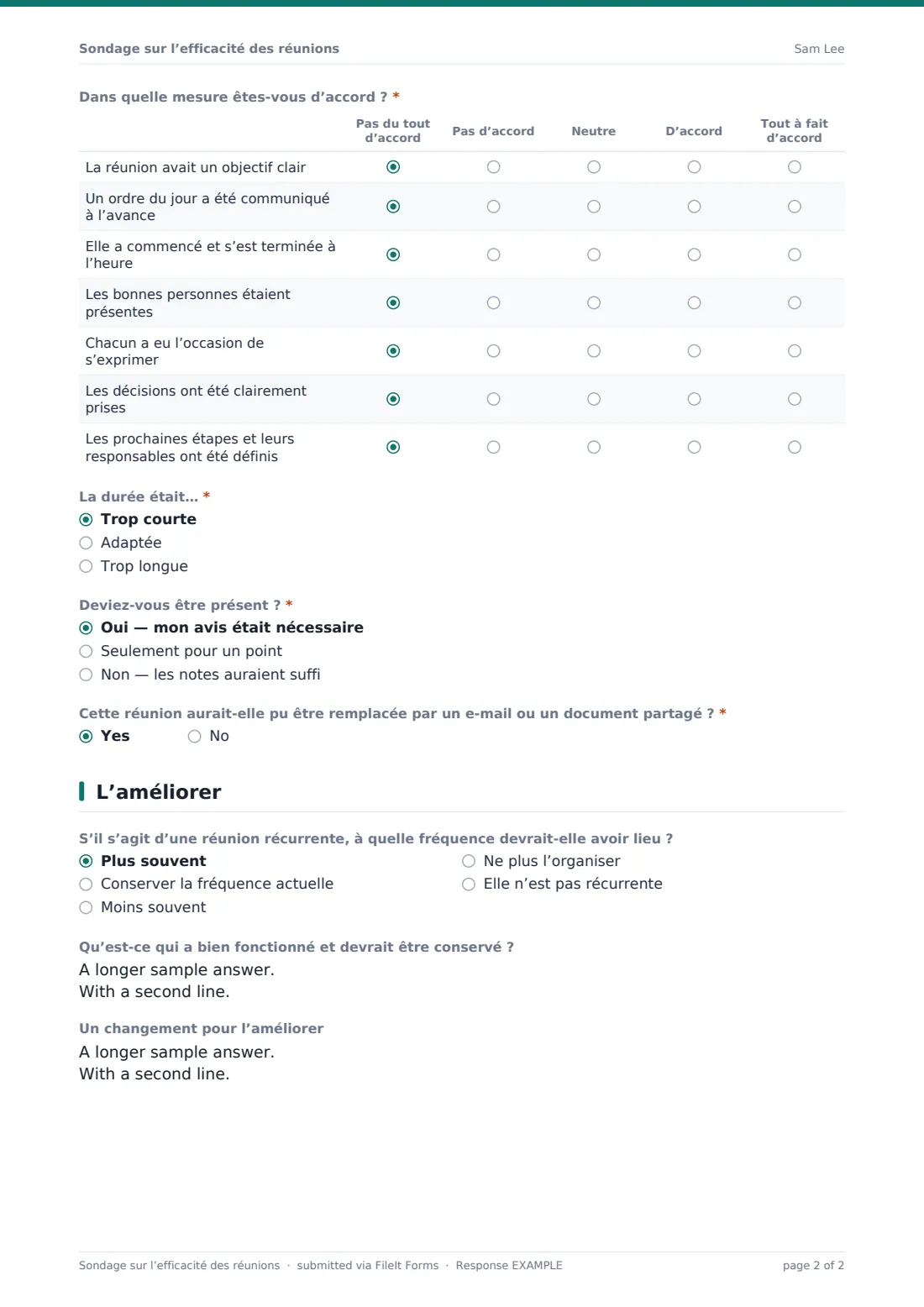 Sondage sur l’efficacité des réunions — exemple de réponse au format PDF, page 2 sur 2