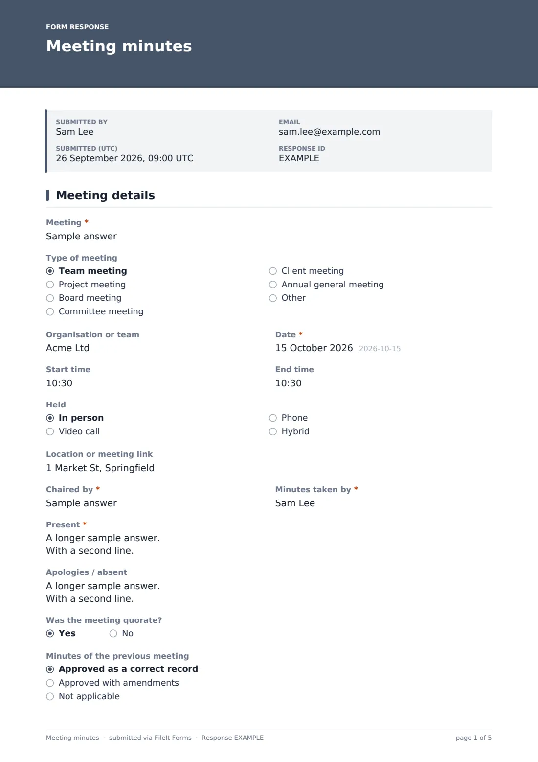 Meeting minutes — example response PDF, page 1 of 5
