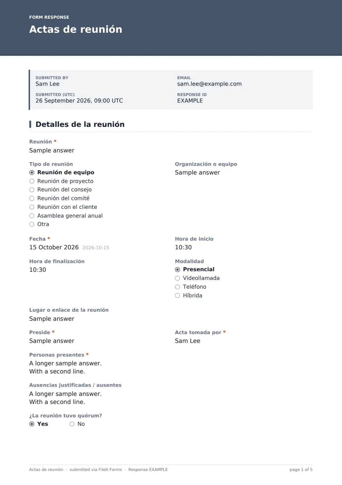 Actas de reunión — PDF de respuesta de ejemplo, página 1 de 5