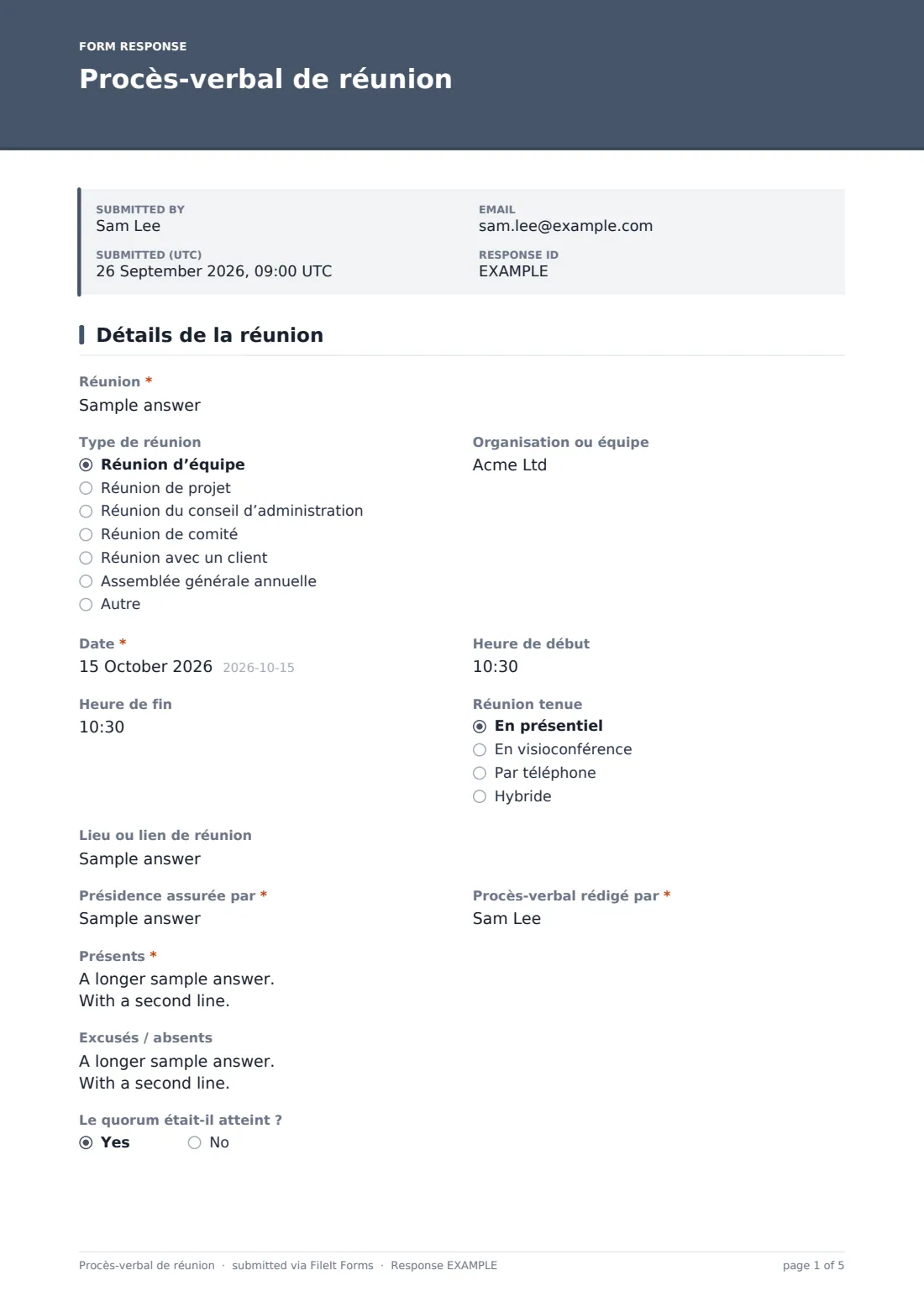 Procès-verbal de réunion — exemple de réponse au format PDF, page 1 sur 5