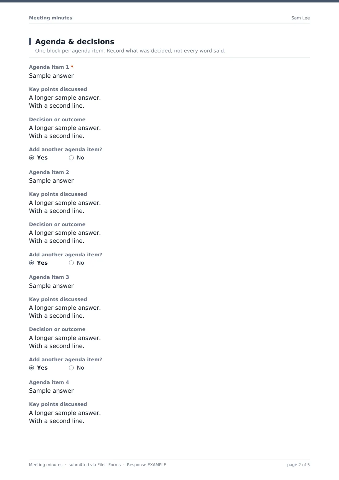 Meeting minutes — example response PDF, page 2 of 5