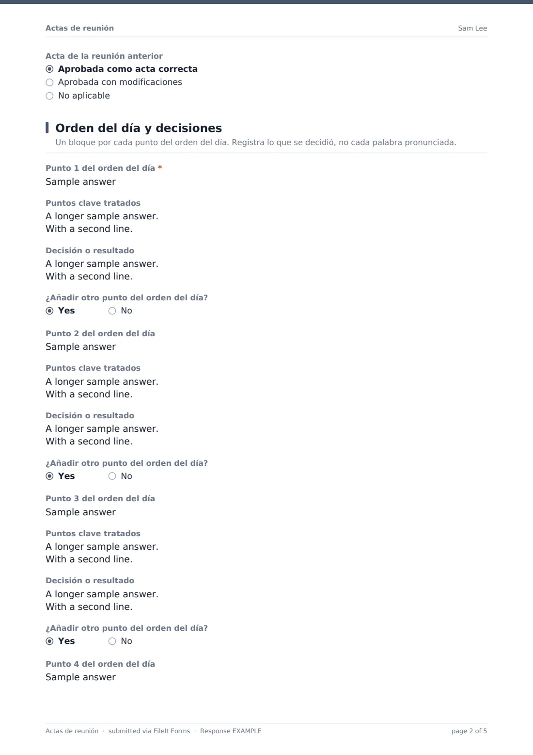 Actas de reunión — PDF de respuesta de ejemplo, página 2 de 5