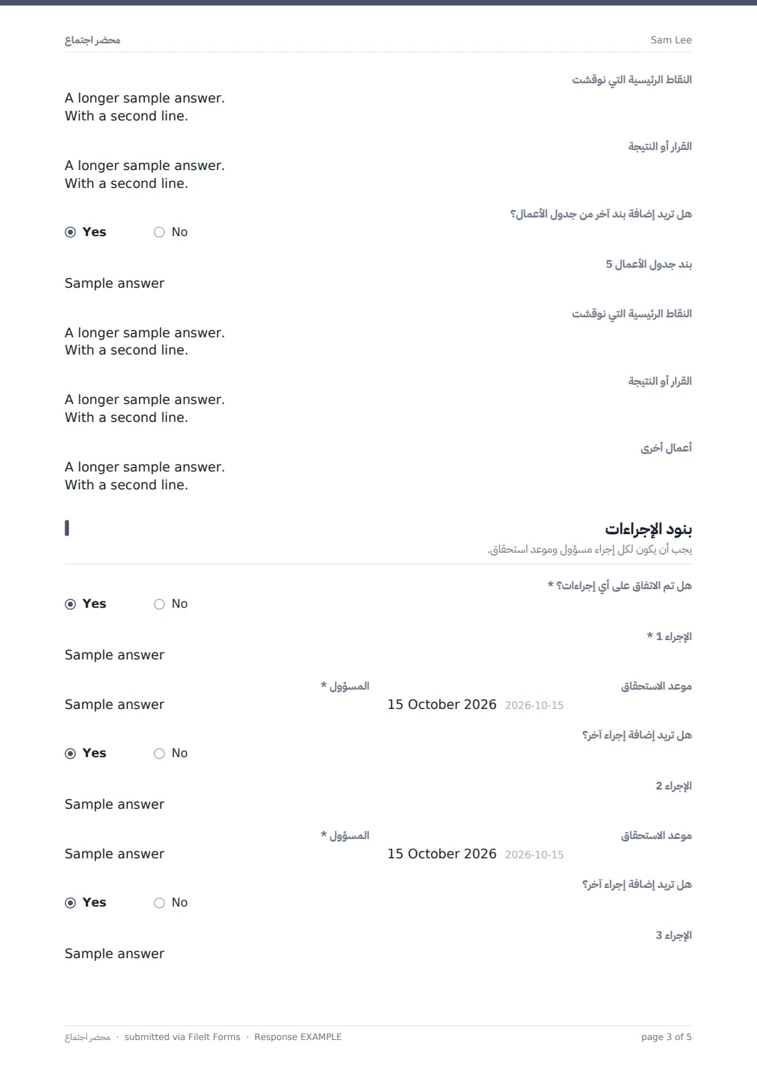 محضر اجتماع — ملف PDF لرد نموذجي، الصفحة 3 من 5