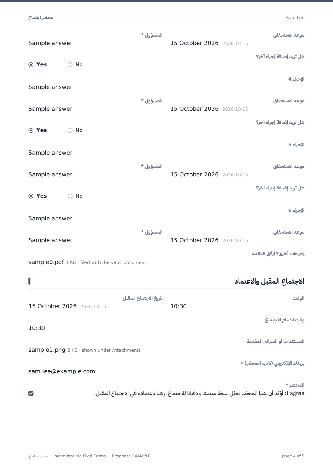 محضر اجتماع — ملف PDF لرد نموذجي، الصفحة 4 من 5