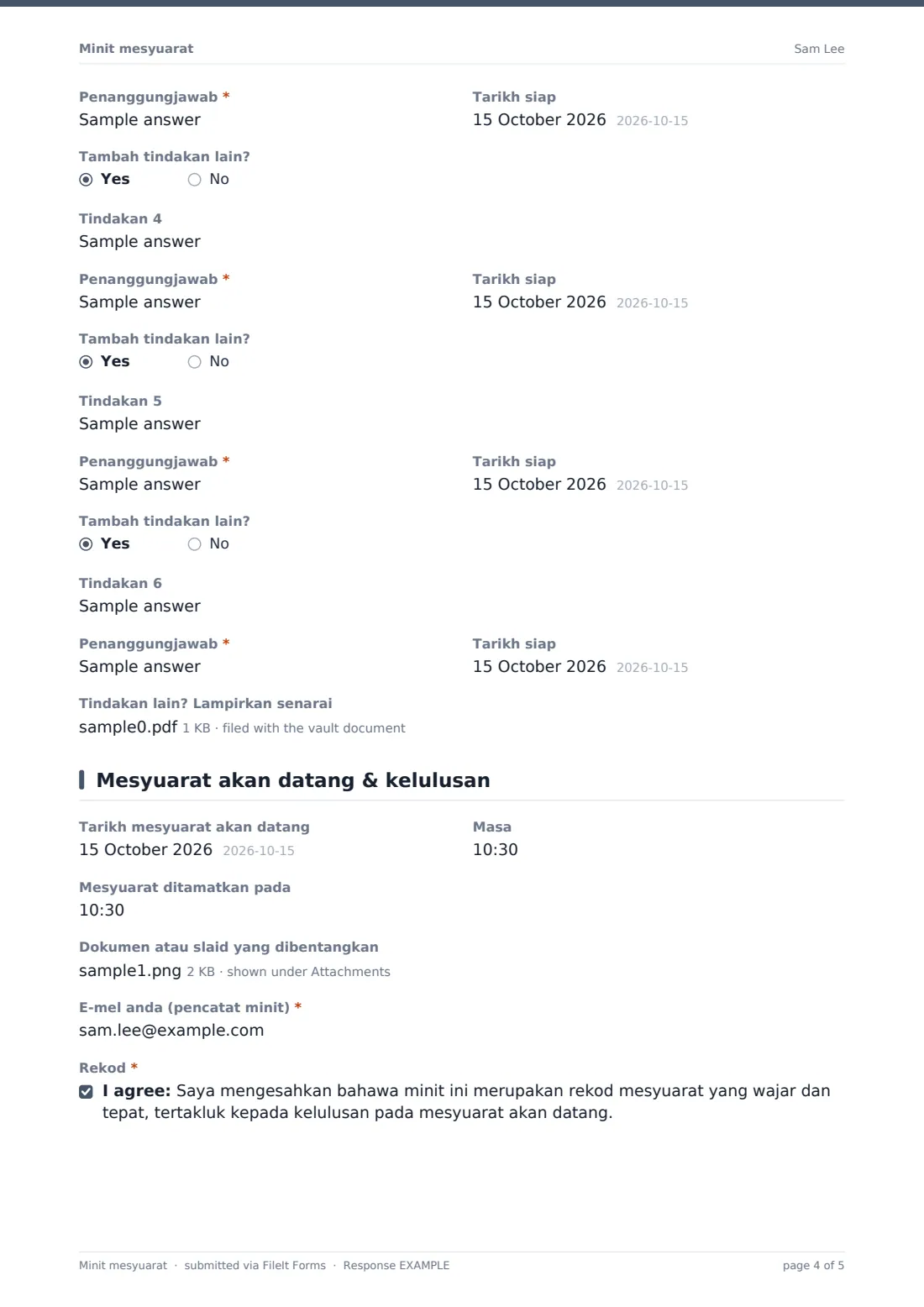 Minit mesyuarat — PDF respons contoh, halaman 4 daripada 5
