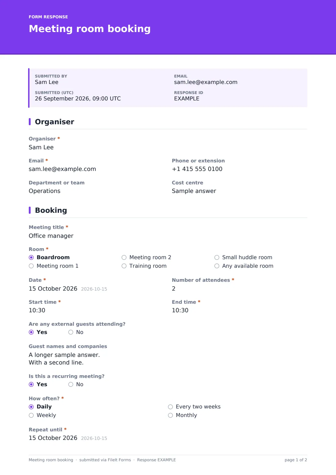 Meeting room booking — example response PDF, page 1 of 2