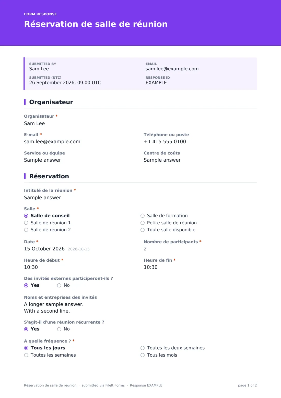 Réservation de salle de réunion — exemple de réponse au format PDF, page 1 sur 2