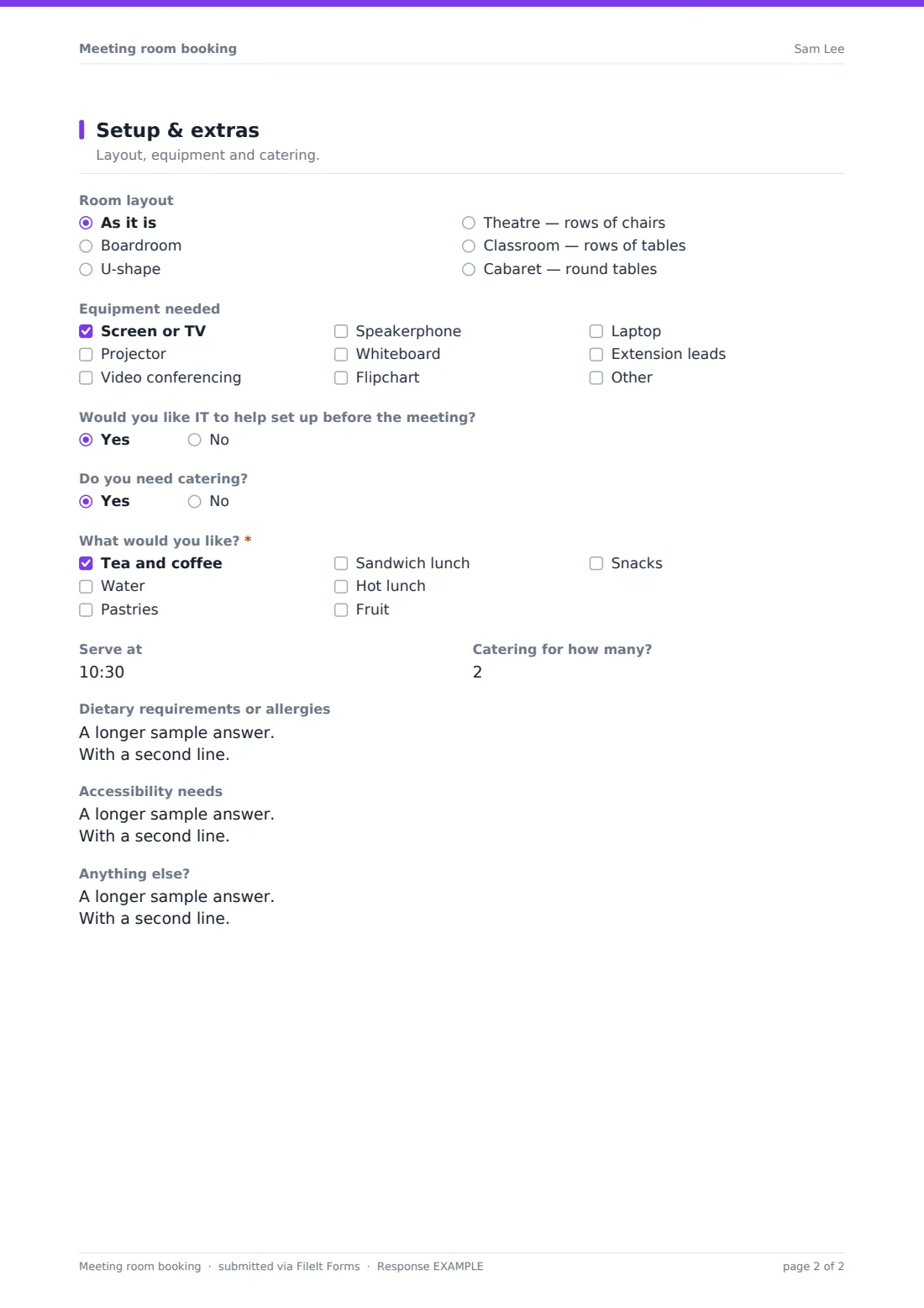 Meeting room booking — example response PDF, page 2 of 2