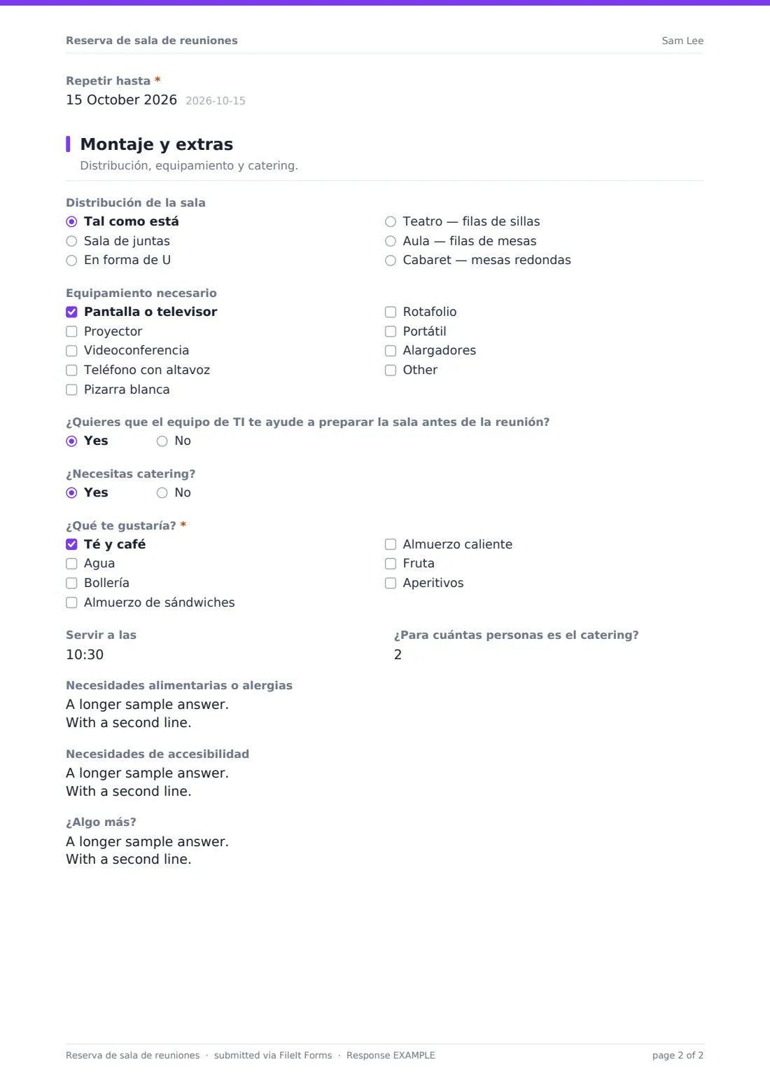 Reserva de sala de reuniones — PDF de respuesta de ejemplo, página 2 de 2