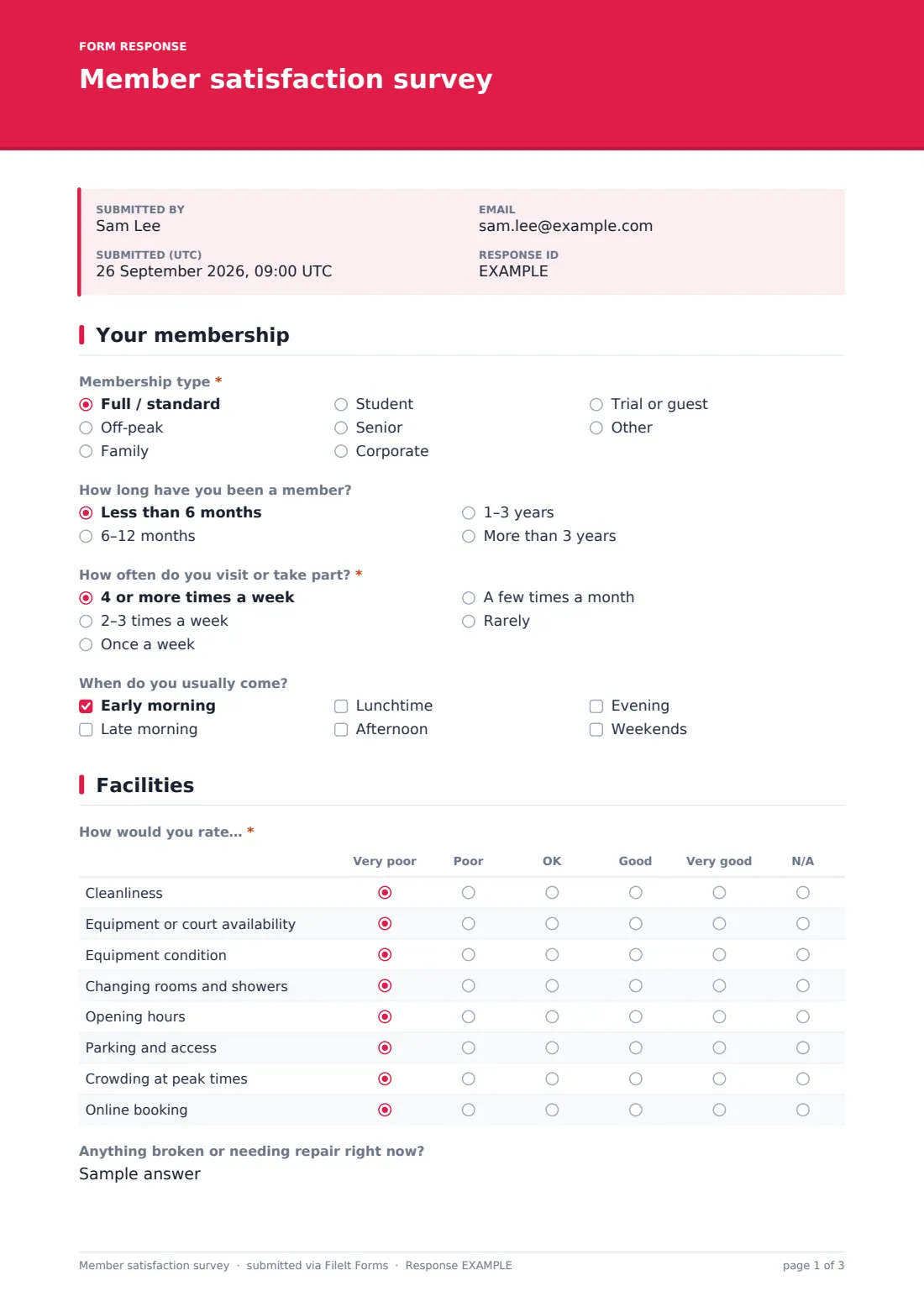 Member satisfaction survey — example response PDF, page 1 of 3