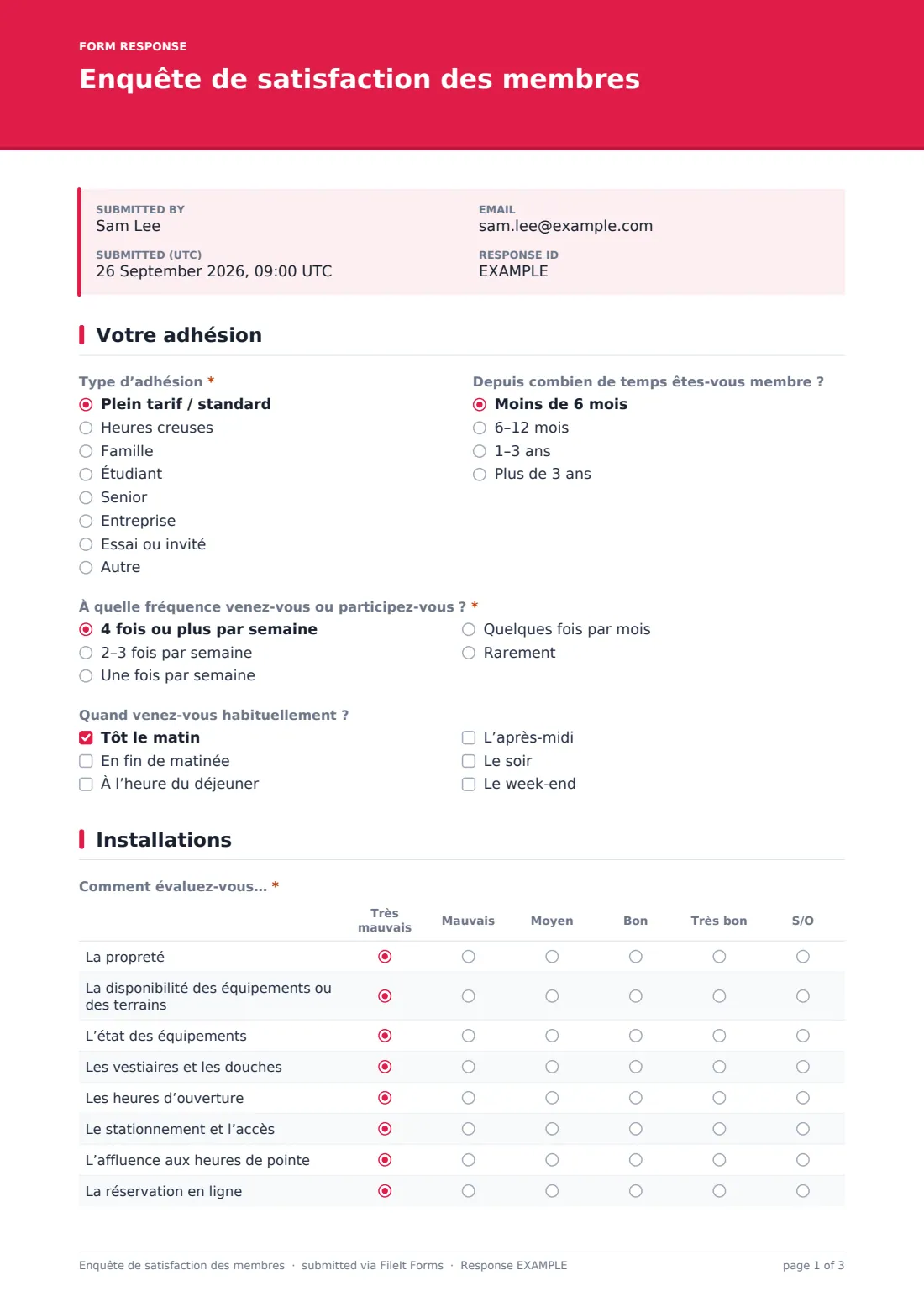 Enquête de satisfaction des membres — exemple de réponse au format PDF, page 1 sur 3