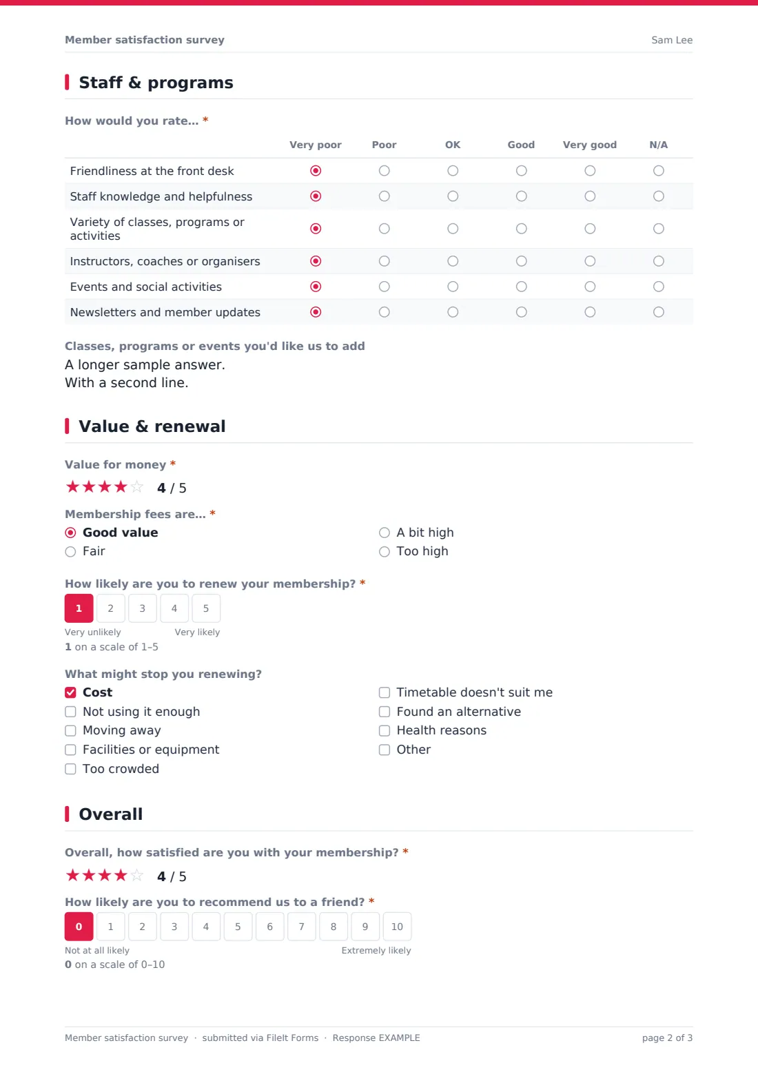 Member satisfaction survey — example response PDF, page 2 of 3