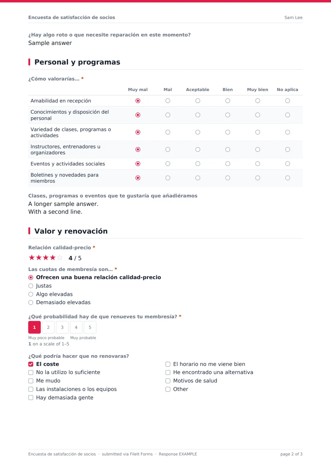 Encuesta de satisfacción de socios — PDF de respuesta de ejemplo, página 2 de 3