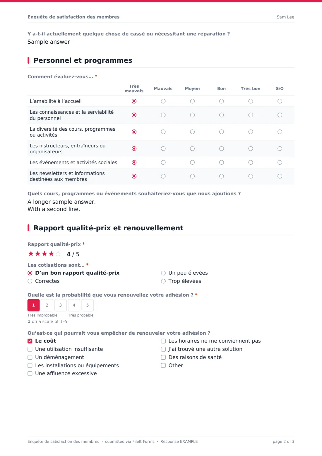 Enquête de satisfaction des membres — exemple de réponse au format PDF, page 2 sur 3
