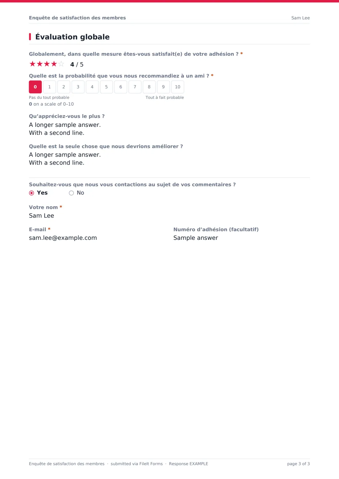 Enquête de satisfaction des membres — exemple de réponse au format PDF, page 3 sur 3