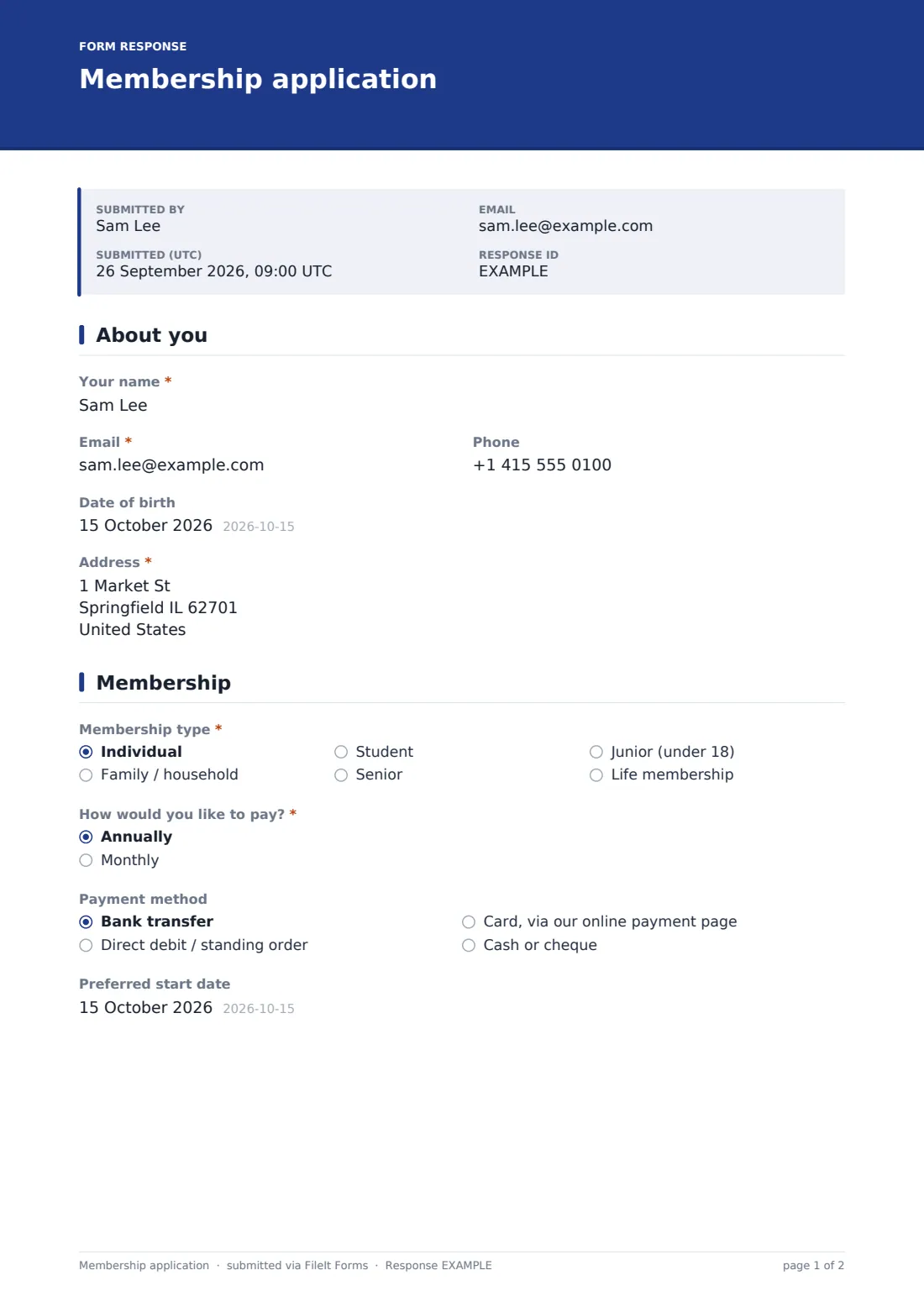 Membership application — example response PDF, page 1 of 2
