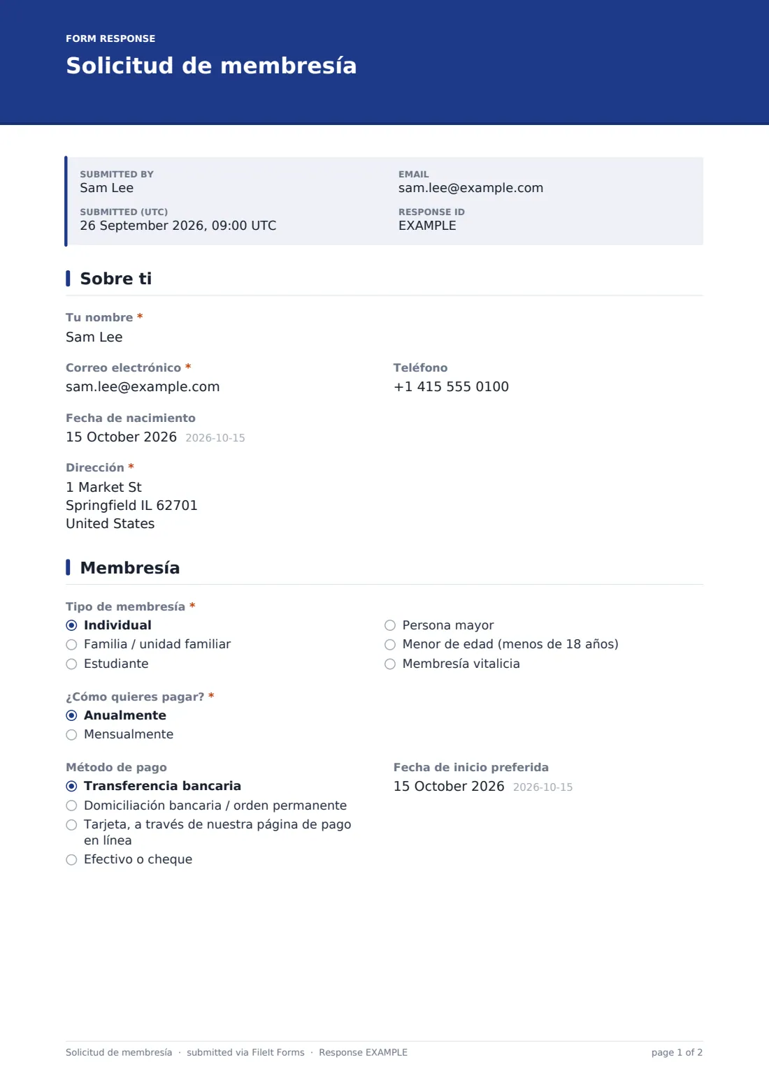 Solicitud de membresía — PDF de respuesta de ejemplo, página 1 de 2