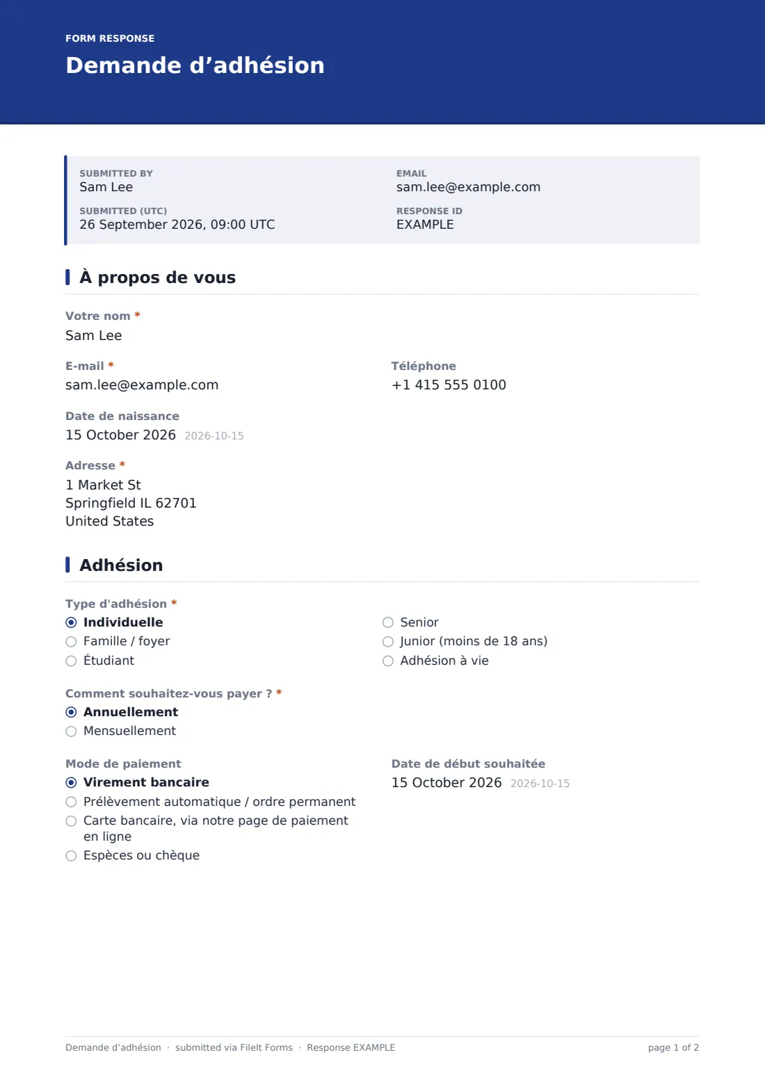 Demande d’adhésion — exemple de réponse au format PDF, page 1 sur 2