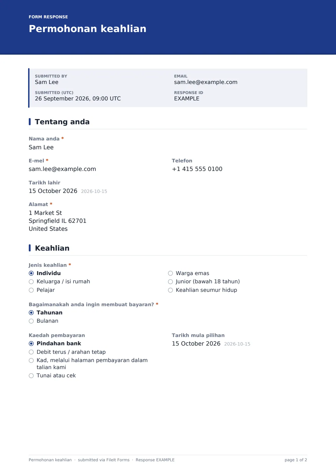 Permohonan keahlian — PDF respons contoh, halaman 1 daripada 2