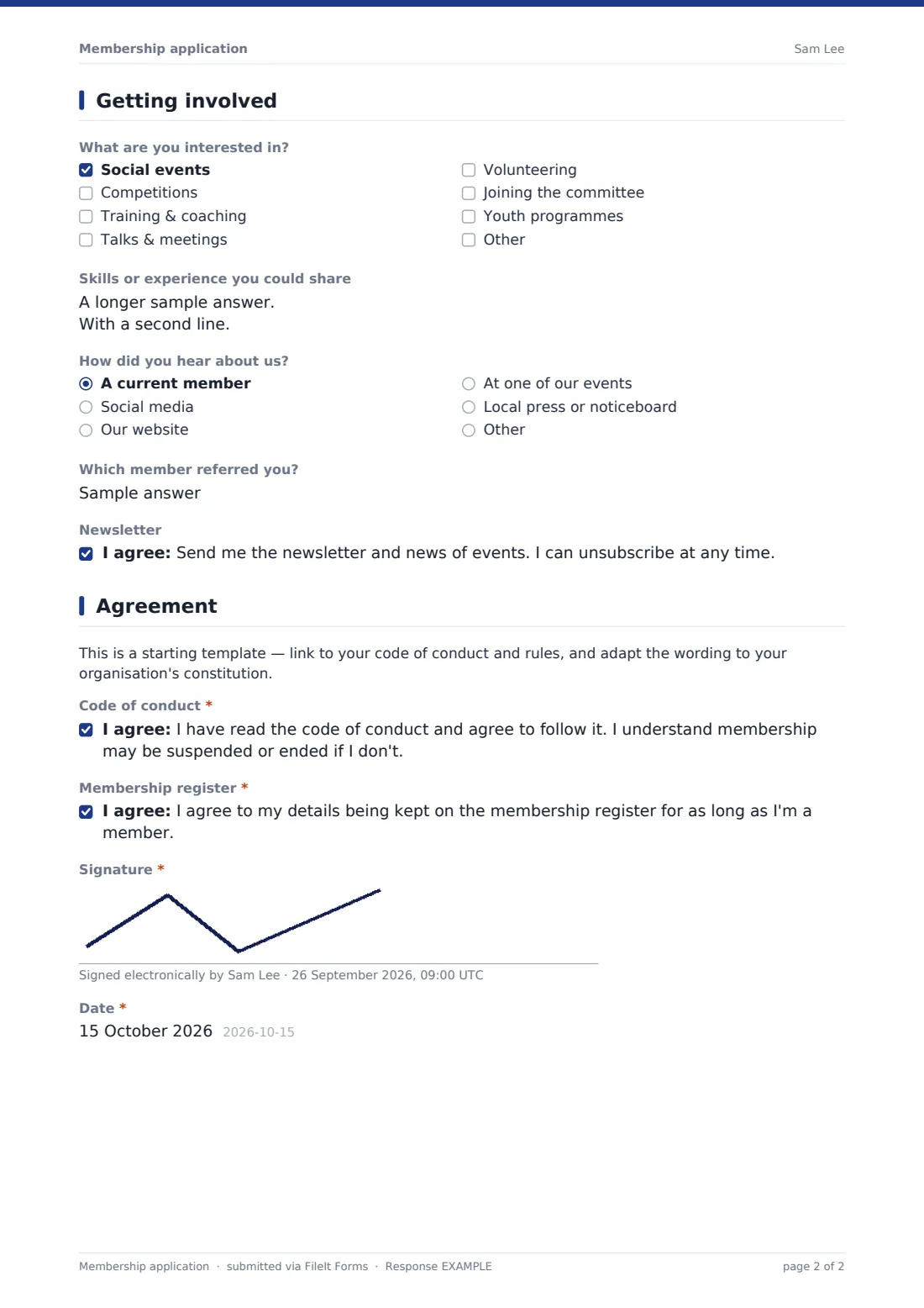 Membership application — example response PDF, page 2 of 2