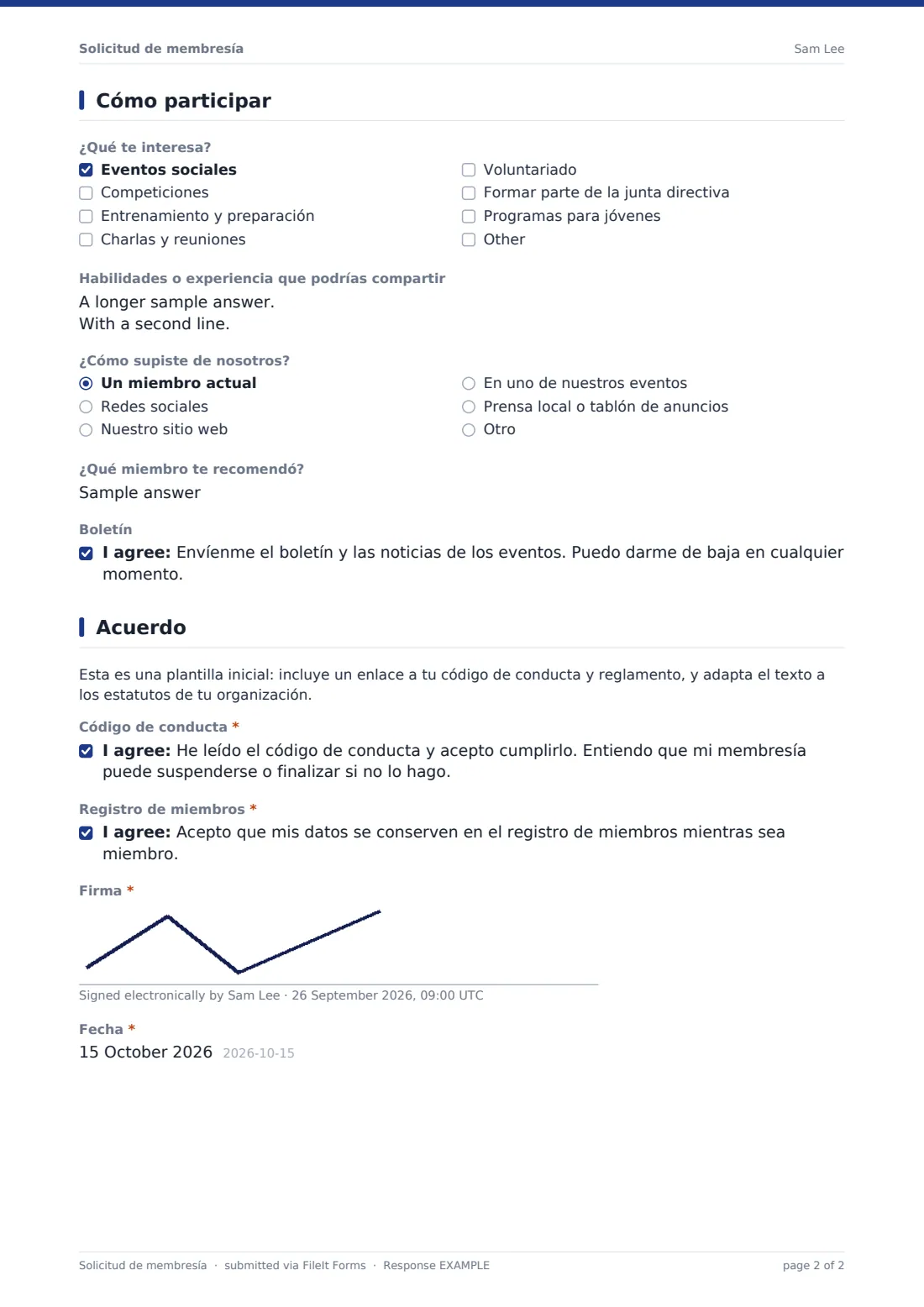 Solicitud de membresía — PDF de respuesta de ejemplo, página 2 de 2
