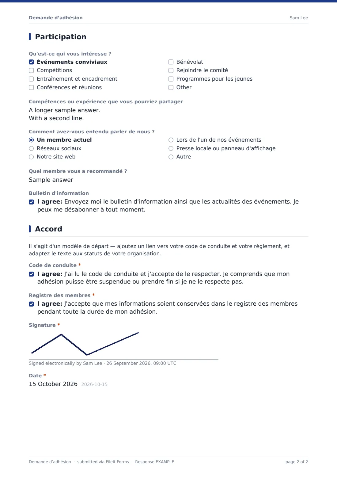 Demande d’adhésion — exemple de réponse au format PDF, page 2 sur 2
