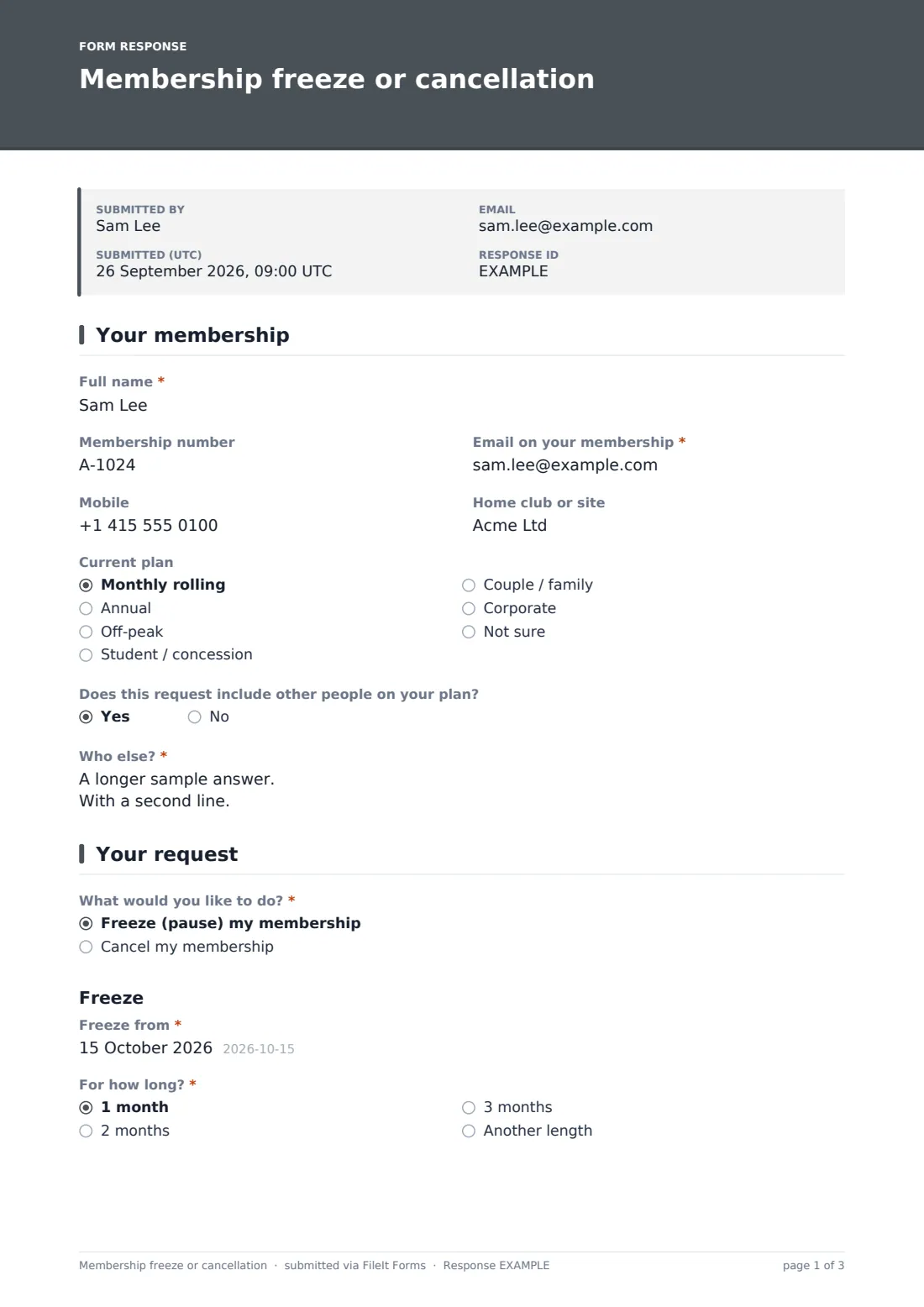 Membership freeze or cancellation — example response PDF, page 1 of 3