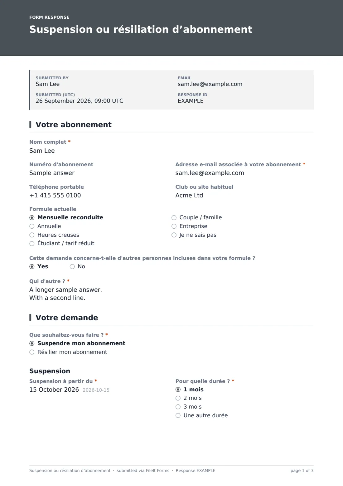 Suspension ou résiliation d’abonnement — exemple de réponse au format PDF, page 1 sur 3