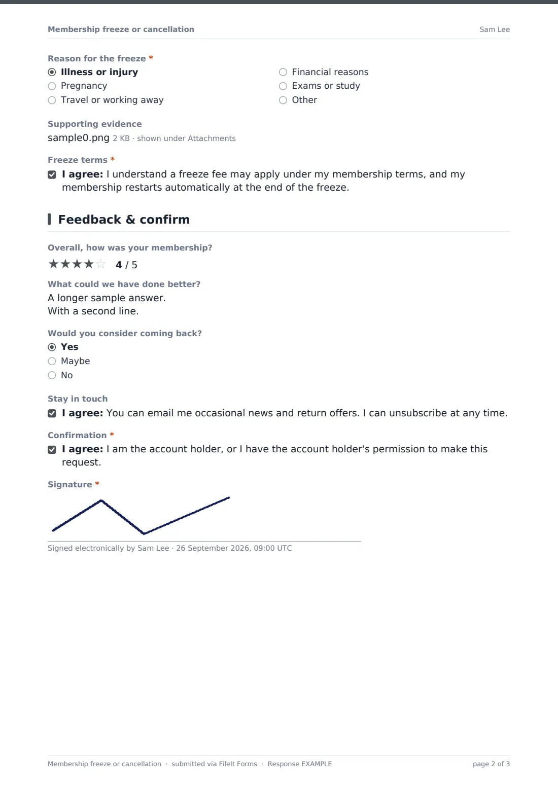 Membership freeze or cancellation — example response PDF, page 2 of 3