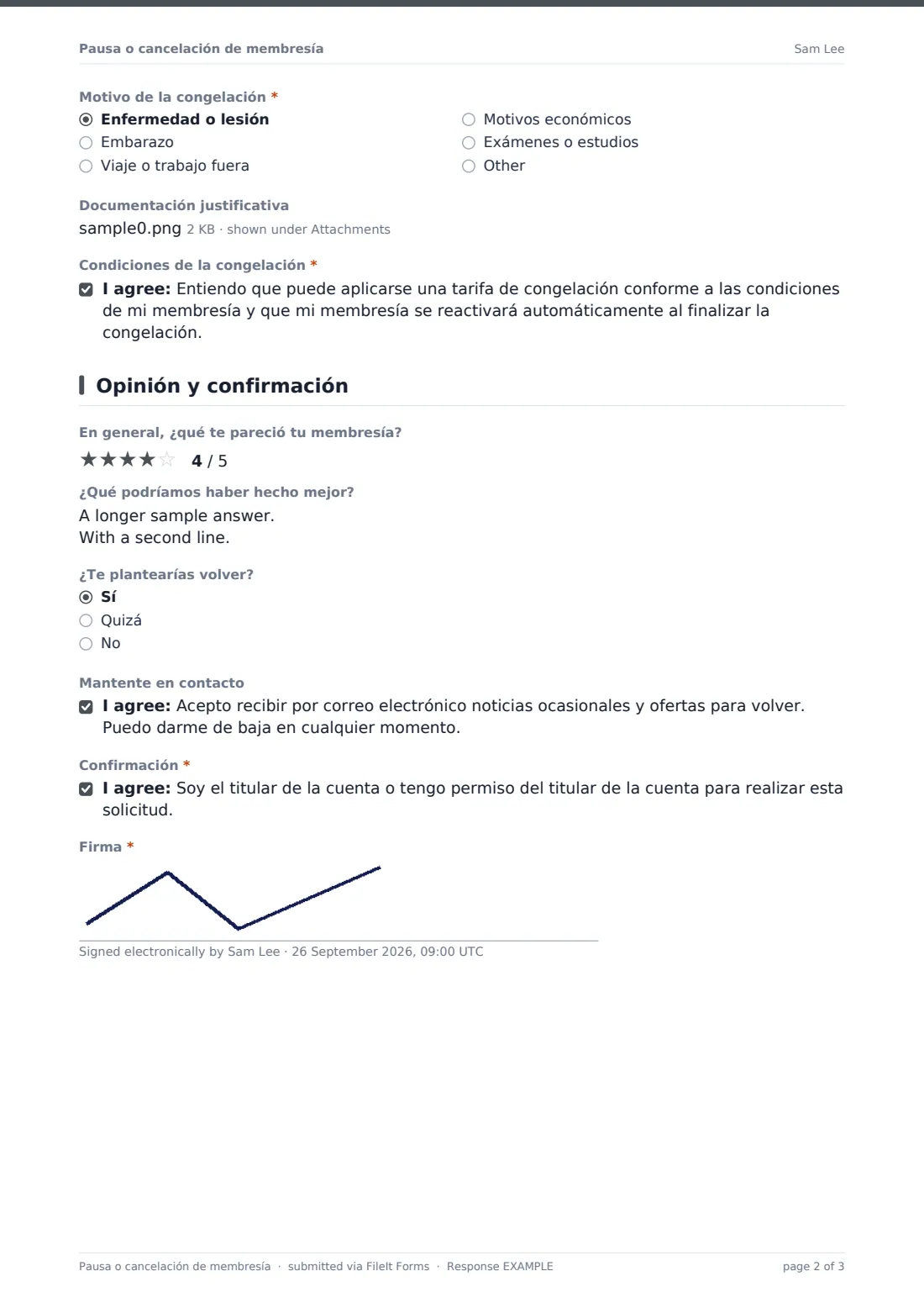 Pausa o cancelación de membresía — PDF de respuesta de ejemplo, página 2 de 3